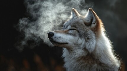Obraz premium A stunning wolf stands still in a frosty environment, exhaling wisps of steam into the crisp air. Sunlight filters through trees, enhancing the tranquil atmosphere of this woodland moment
