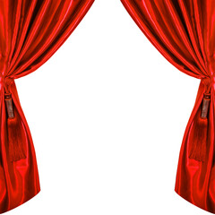 Theater stage, dramatic red velvet curtains, opening curtains, spotlight, performance, Broadway, theatrical backdrop, empty stage, grand reveal, classic drapes, rich scarlet fabric, tied back curtains