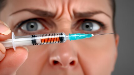 A worried woman focuses intently on a medical syringe