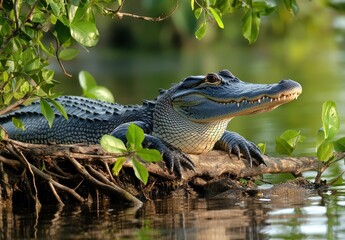 Fototapeta premium Close-Up of a Unique Blue Alligator Relaxing on a Riverbank Surrounded by Lush Greenery Under the Bright Sunlight in a Serene Natural Habitat