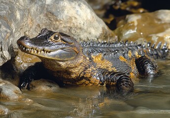 Obraz premium Close-Up of a Unique Freshwater Creature Resting on a Rock Near Water with Detailed Skin Texture and Vibrant Colors of a Crocodilian Species