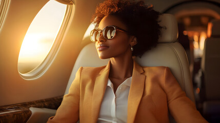 African American Business woman in Jet Cabin. Happy Elegance Woman enjoys her flight. Travel, success lifestyle.