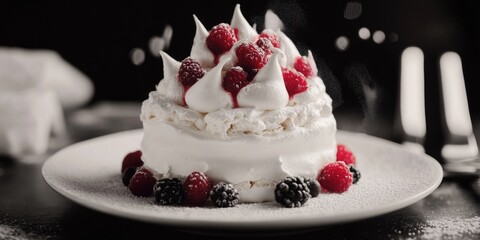 A close-up view of a lavishly decorated cake with creamy frosting and fresh berries, served on a dining table.