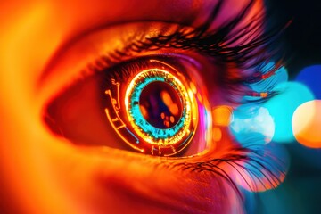 A close-up of a human eye with a glowing circular design in the iris, surrounded by vibrant