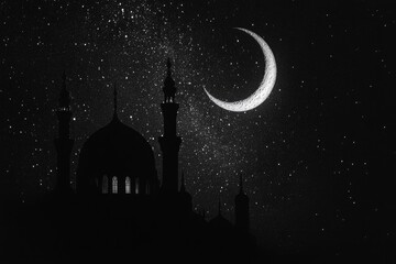 Naklejka premium Nighttime scene with lit-up mosque and crescent moon in the sky. Islamic art and cultural significance of the building showcased.