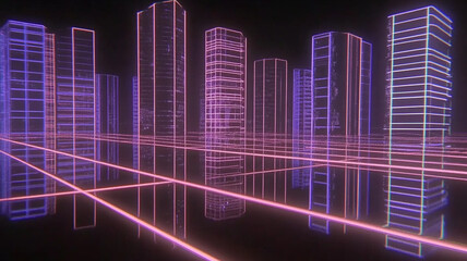 Fototapeta premium vibrant 80s inspired cityscape with neon lights and reflections