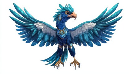 Obraz premium A detailed depiction of an ornate stylized blue bird with wings