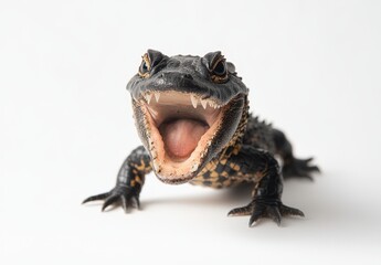 Obraz premium Close-up of a Vibrant Lizard with an Open Mouth Displaying Teeth against a White Background, Perfect for Nature and Wildlife Themes