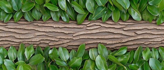 Tree bark texture with green leaves border.