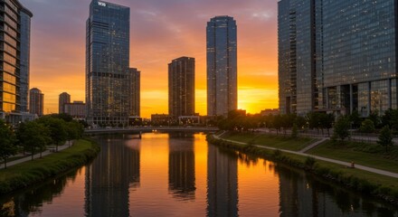 Obraz premium A modern downtown skyline at sunset, glass skyscrapers reflecting warm golden light
