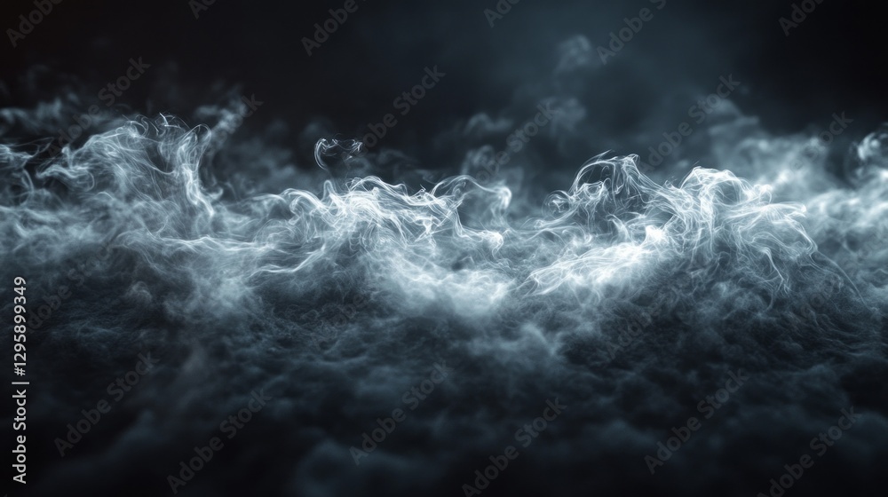 Poster Wisps of soft mist swirl gracefully in a dimly lit space, casting an enchanting ambiance. The delicate tendrils of vapor create a mysterious depth, evoking a sense of wonder