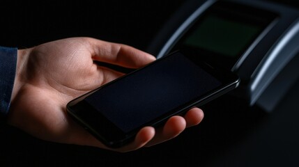 A hand placing a phone near a card payment terminal