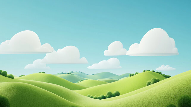 Lush green hills under bright blue sky with fluffy clouds