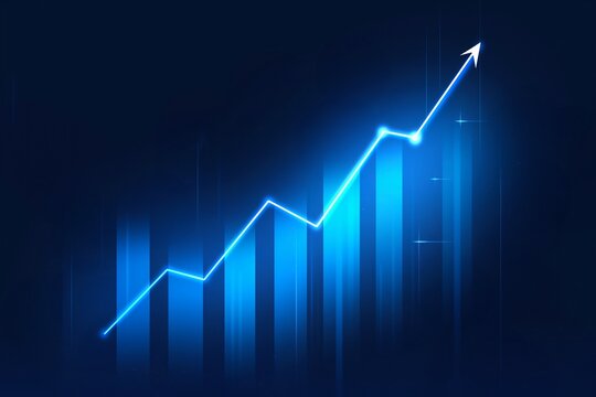 Blue growth graph business chart data diagram on success financial presentation background with abstract up arrow bar symbol