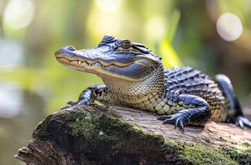 Obraz premium Close-Up of a Young Alligator Relaxing on a Log in Natural Habitat Surrounded by Lush Vegetation and Sunlight Reflections on Water Surface