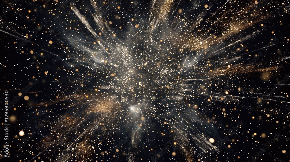 Poster this stunning image features floating particles on a black background, creating an ethereal burst of