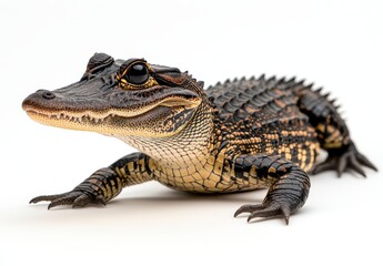Obraz premium Close-up of a Young Alligator with Detailed Scales and Sharp Eyes Residing on a Light Background, Perfect for Educational and Wildlife Themes