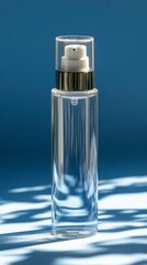 Naklejka premium Lightweight transparent cosmetic bottle display isolated on blue background high-quality image studio environment minimalist concept