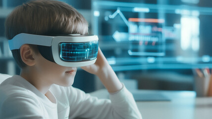 Future Explorer: A young boy embraces virtual reality, donning a sleek headset. Witnessing his immersion in the digital realm, representing the fusion of imagination and technology.