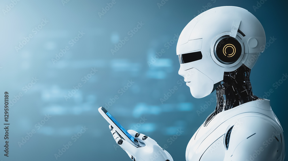 Poster the future of interaction: a futuristic, humanoid robot interacts with a smartphone, a captivating v