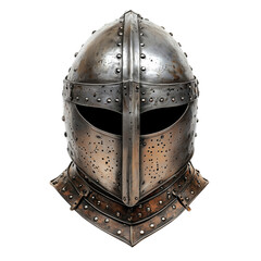 Medieval crusader helmet with rivets and engraved details, isolated on a transparent background.