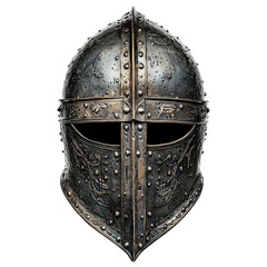 Medieval crusader helmet with rivets and engraved details, isolated on a transparent background.