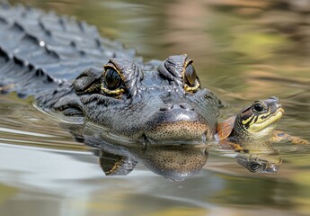 Obraz premium Close-up of Alligator and Turtle Swimming Together in Tranquil Water Under Natural Light, Showcasing Aquatic Wildlife and Harmony in Nature