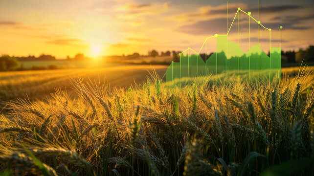 Golden wheat fields at sunset with green graph overlay - Powered by Adobe