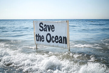 A sign with "Save the Ocean" message standing in the waves, highlighting the importance of marine conservation and environmental awareness