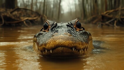 Fototapeta premium Close-up of Alligator Emerging from Murky Water Surrounded by Swamp Vegetation and Misty Forest Background