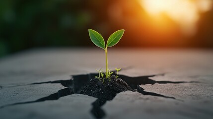 A small green plant emerges from a crack in a surface, illuminated by warm sunlight in the background, symbolizing growth and resilience.