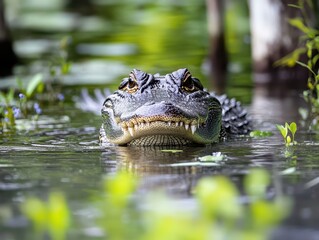 Fototapeta premium Close-Up of Alligator Emerging from Water Surrounded by Lush Green Vegetation in a Natural Habitat Scene
