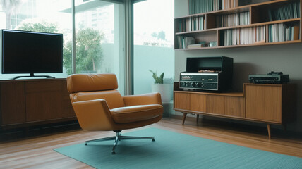 Stylish Living Room: A modern living room bathed in natural light, featuring sleek furniture, a television, and a vintage stereo system, offering a sense of comfort and contemporary living.