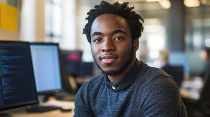 Fototapeta premium Young African American Man with Curly Hair Sitting in Modern Office Environment with Computers and Colorful Screens, Smiling at Camera