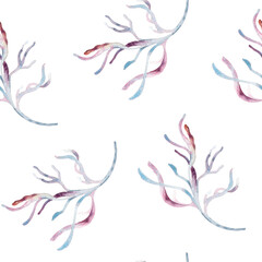 Watercolor seaweeds and corals delicate seamless pattern isolated. Monochrome soft pink sea plants on repeated background hand drawn. Botanical underwater plants design in dusty pink for textile.