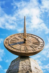 Vintage clock against clear blue sky.