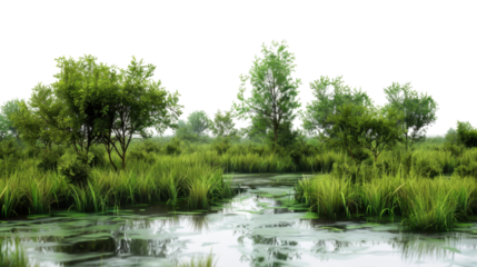 Lush swamp reflecting trees and green grass on transparent background