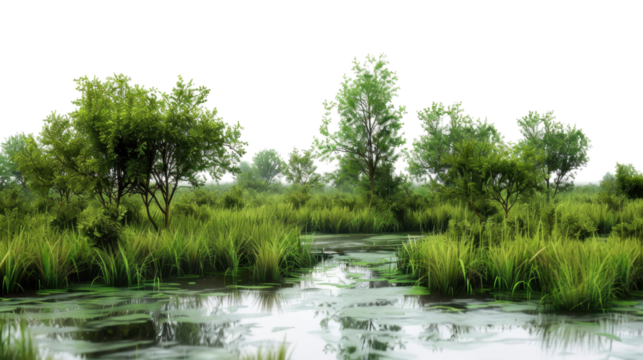 Lush swamp reflecting trees and green grass on transparent background