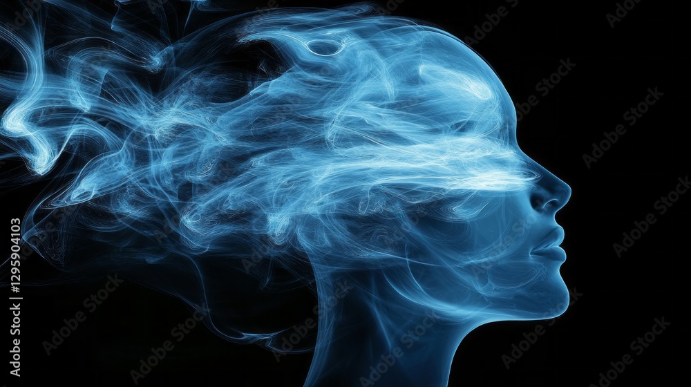 Aufkleber soft blue wisps form an intriguing outline of a woman's profile, capturing a surreal essence of imag