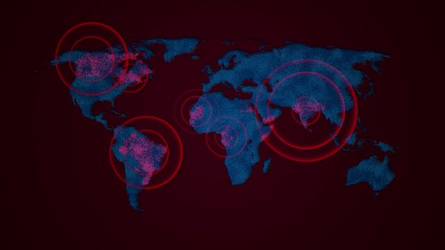 World map dots Concept of virus crisis infection Virus spread animation. World map pins Alarms signals world map red locations spreading waves continents. signals around. information disease, pandemic
