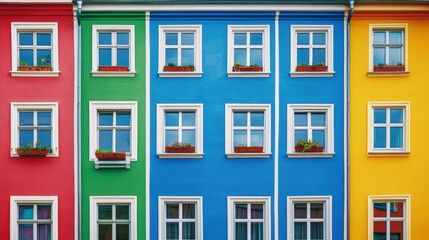 Naklejka premium Close-up of blue windows on a vibrant turquoise building facade