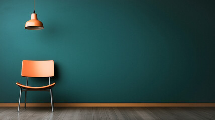Modern Interior: A stylish orange chair sits elegantly beneath a matching pendant lamp, set against a minimalist teal wall and natural wooden floor, creating a calm and inviting modern space.