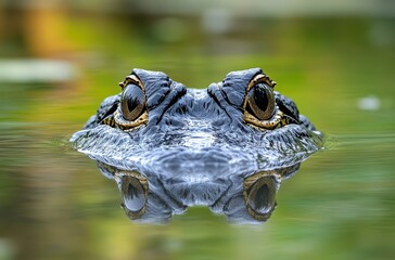 Fototapeta premium Close-up of Alligator Eyes above Water with Reflection in Calm Surface, Showcasing Nature's Unique Reptile Features and Habitat