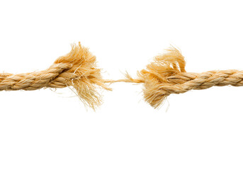 Frayed rope breaking, golden fibers, tension, stress, close-up detail, white background, isolated object, split ends, tearing apart, natural material, minimalist composition, high contrast, macro