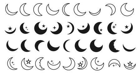 set of Crescent moon icon vector. crescent moon designs with stars illustration collection. astronomical spiritual islamic icons designs. editable file