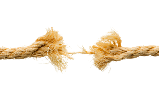 Frayed rope breaking, golden fibers, tension, stress, close-up detail, white background, isolated object, split ends, tearing apart, natural material, minimalist composition, high contrast, macro