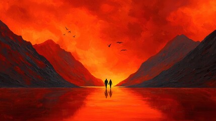 Fototapeta premium Romantic Sunset Over a Serene Lake with Silhouetted Couple