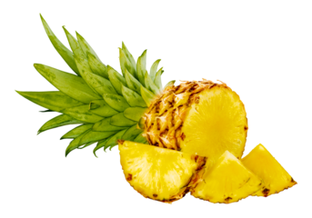 Vibrant yellow pineapple, Juicy pineapple slices, Fresh tropical fruit, Bright green pineapple leaves, Ripe golden pineapple, White background, Realistic fruit photography, High-contrast fruit image,