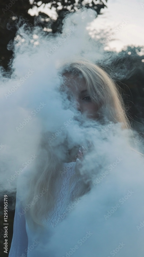 Poster a figure enveloped in soft, swirling clouds of blue mist stands amidst nature at dusk, creating an e