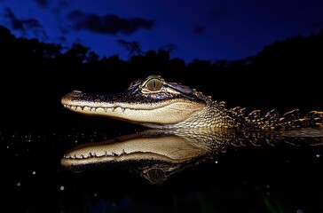 Close-Up of Alligator Head Displaying Sharp Teeth and Reflective Surface Against Dark Natural Background at Dusk